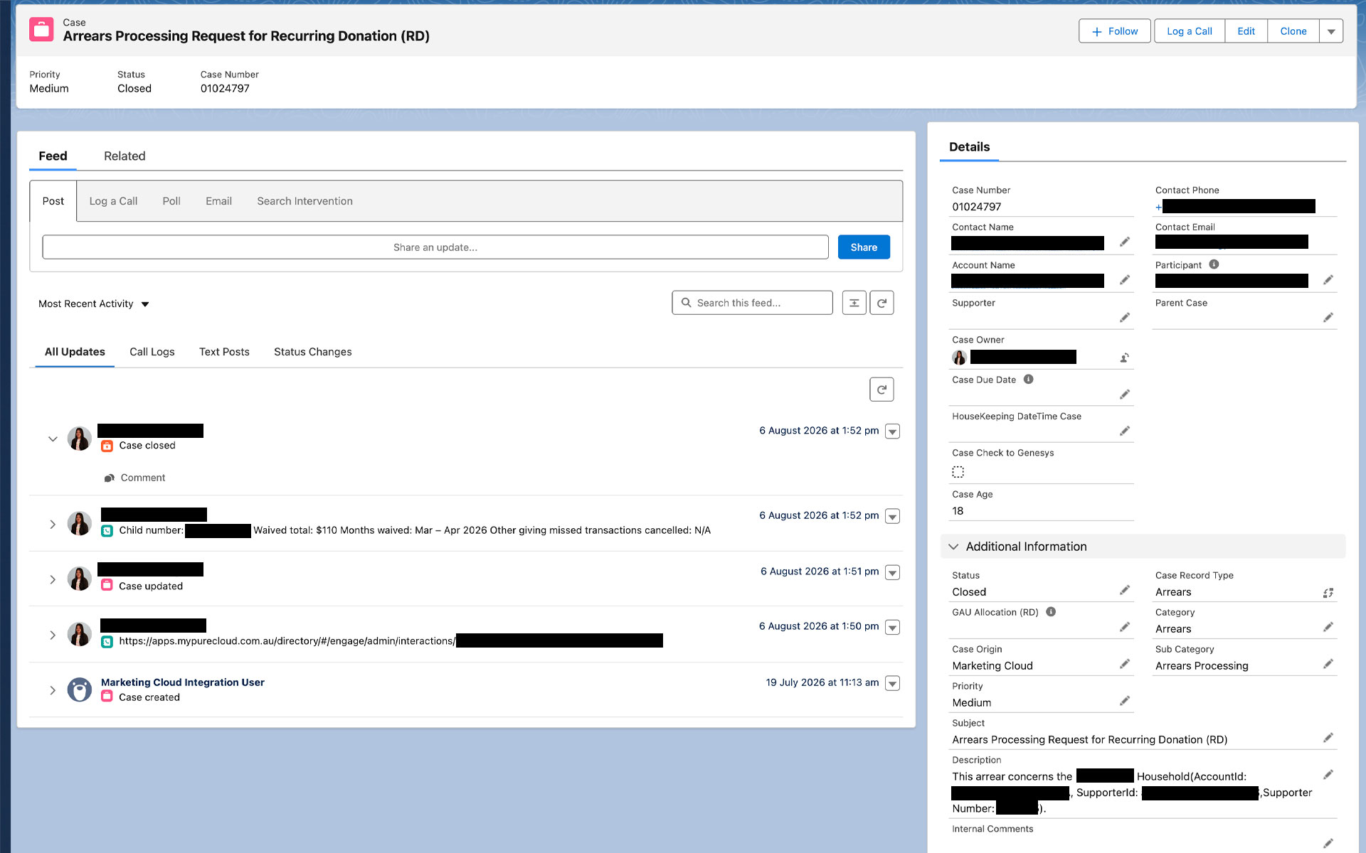 Automated Salesforce case routed to the supporter-service phone teams