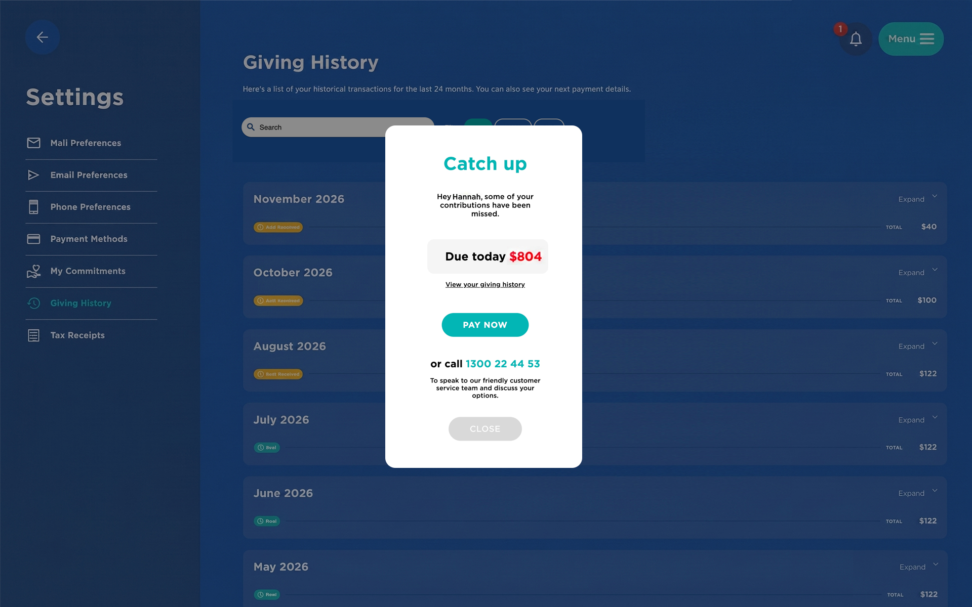 Deep-linked catch-up payment module in My Account