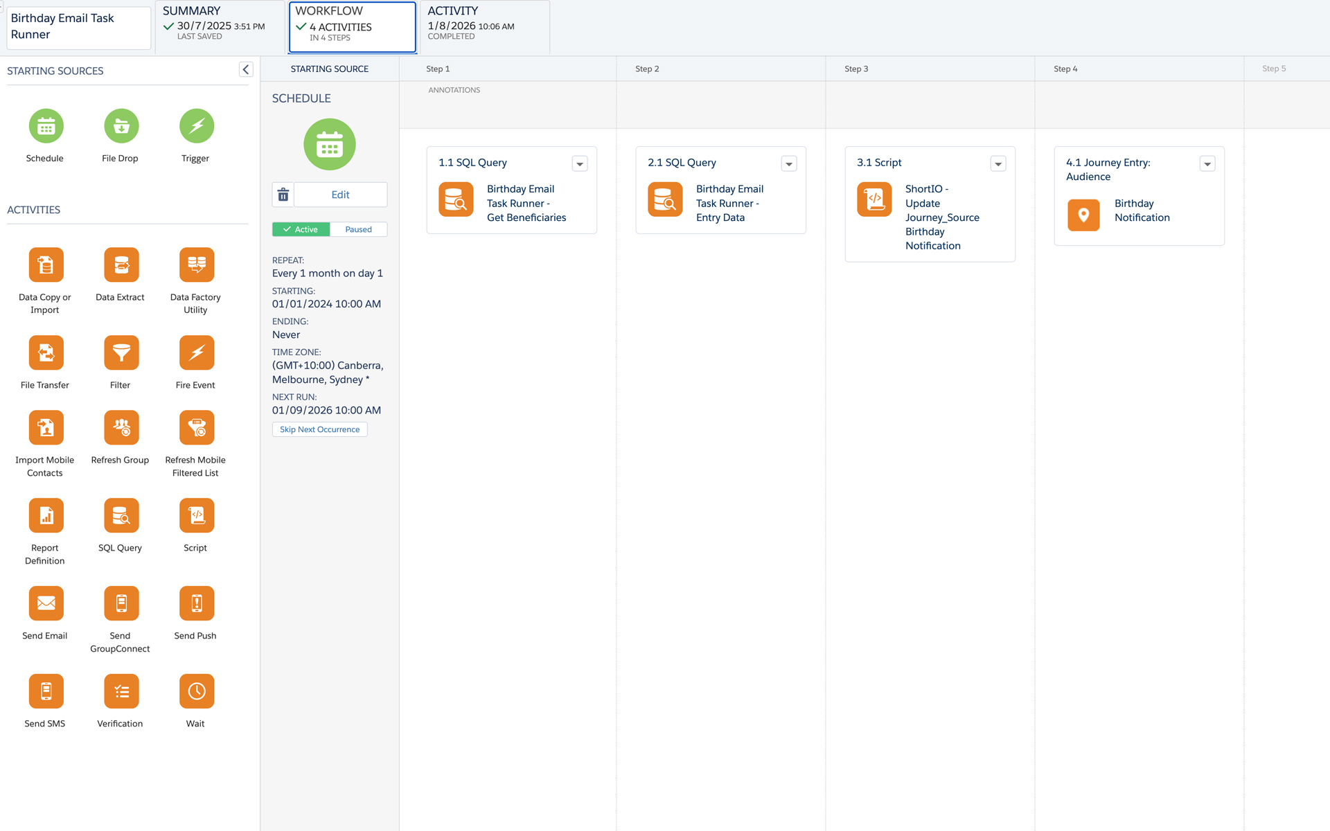 Marketing Cloud automation aggregating the birthday audience
